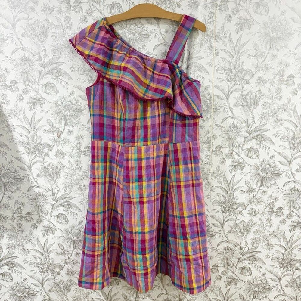 Isaac Mizrahi Live Madras Plaid One Shoulder Ruffle Dress Pink Multicolor Sz 12